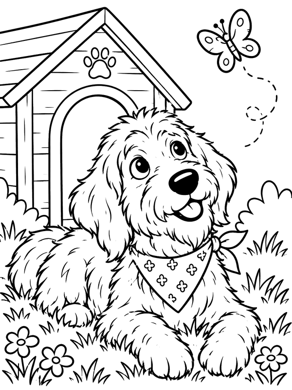 Coloring page: Waffle resting in the grass by her doghouse, watching a butterfly