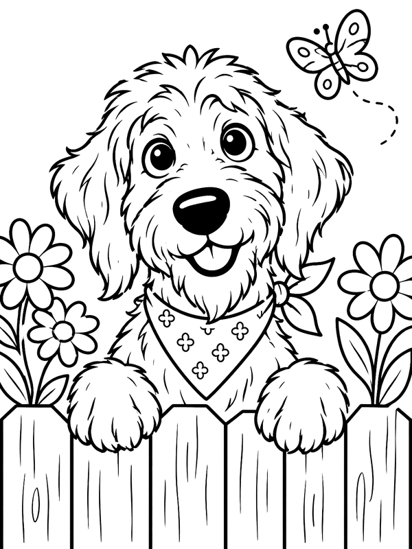 Coloring page: Waffle peeking over a garden fence with flowers and a butterfly