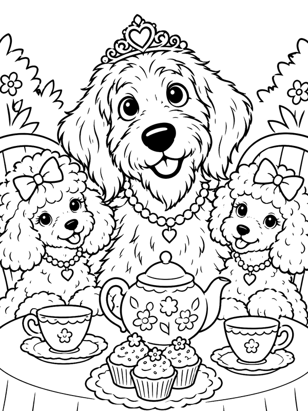 Coloring page: Waffle in a tiara at a tea party with two poodles, a teapot, and cupcakes