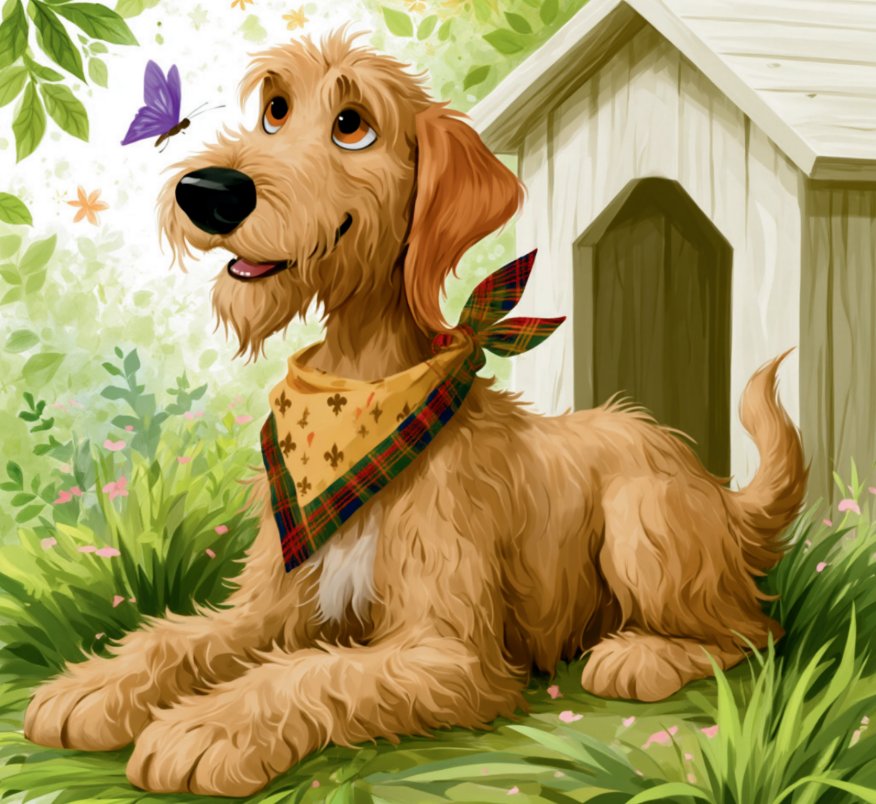 Waffle resting in the grass by her doghouse, watching a butterfly