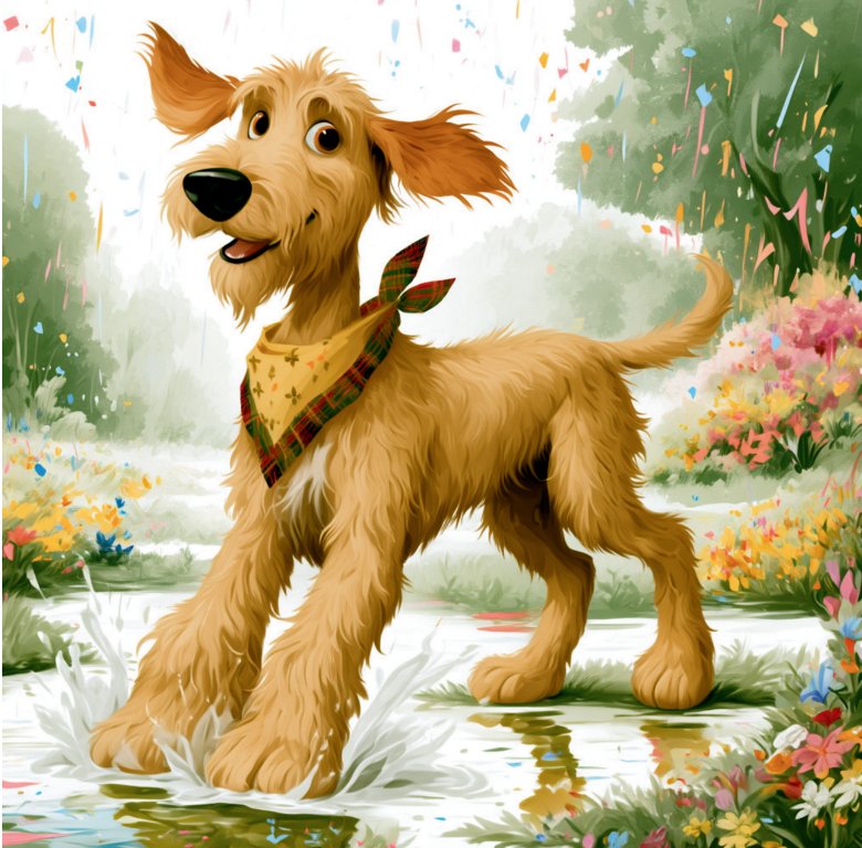 Waffle splashing through a puddle in a flower garden