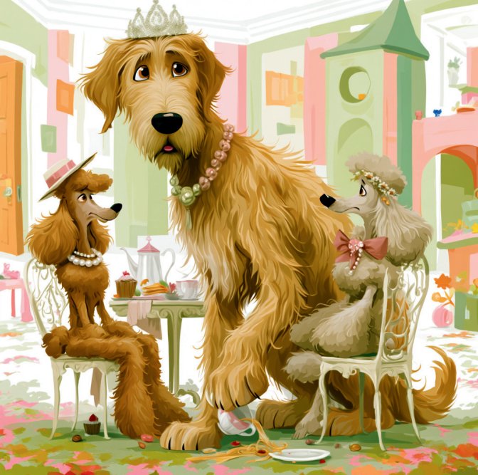 Waffle in a tiara and pearls at a tea party, squeezed between two poodles